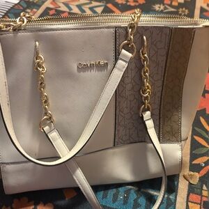 Calvin Klein Cream and Beige Chain-Accent Tote